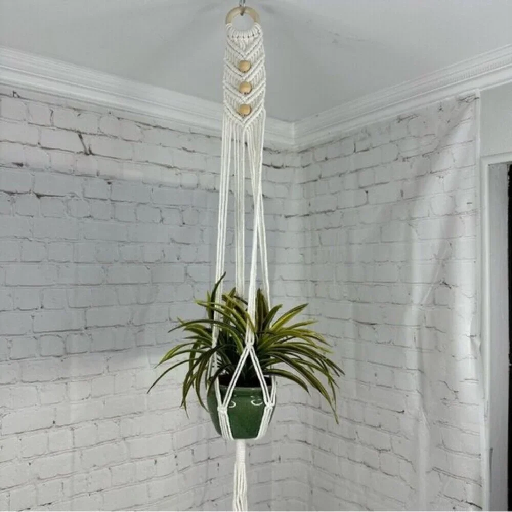 Set of 4 Macrame‎ Plant Hangers Off White Cotton Boho Beaded Indoor Outdoor NEW